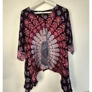 Sacred Threads Womens  Mandala Print Boho Tunic Top OS Handkerchief Hem NWOT